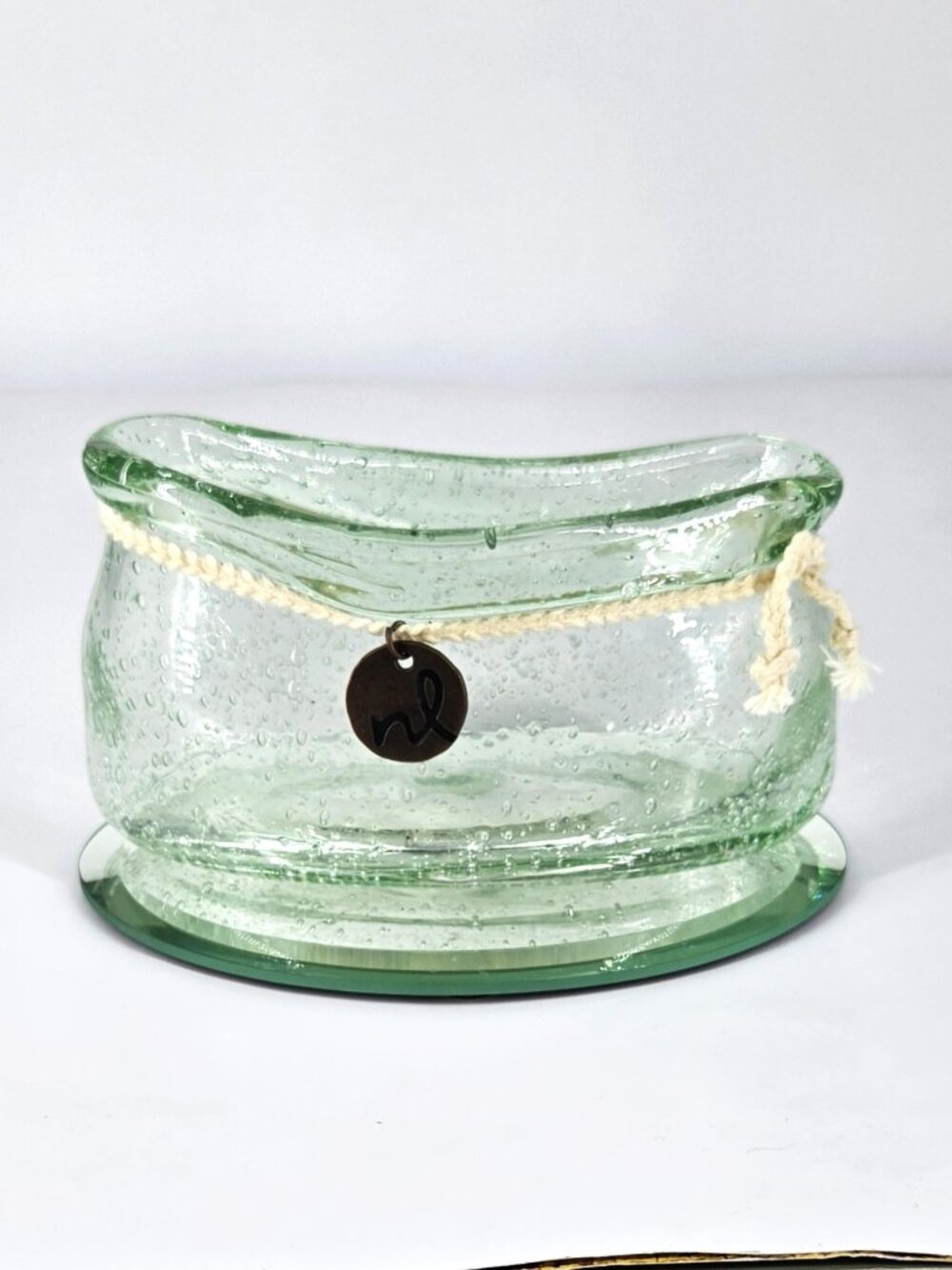Northern Lights Windward Copper Tag Hand Blown Free Bubbles Glass Candle Dish